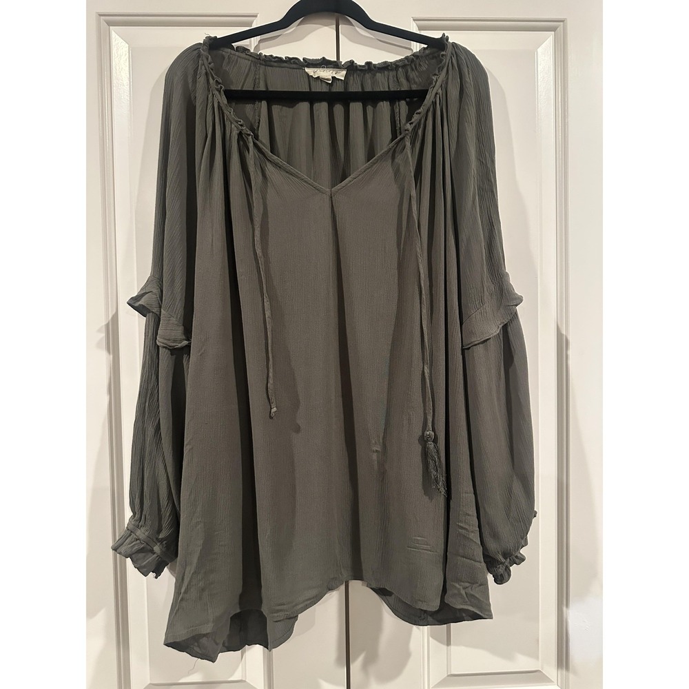 Aveology Shirt Womens 30/32 Green Boho Peasant Top Long Sleeve Flowy Plus Size